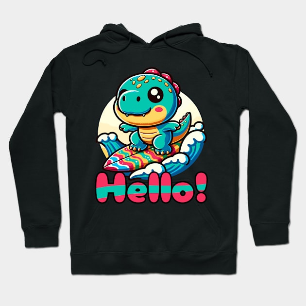 Kawaii Dinosaur Surfing Funny T-rex Hoodie by sovadesignstudio